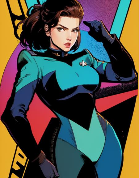 comic book illustration, <lora:diffusiondesign_SDN_LoRA_1.12:0.75>, (jadzia dax), (trill), woman, wearing turquoise and black starfleet sciences uniform, beautiful details, sharp focus, digital art, in the style of jack kirby, steve ditko, toon boom, pixiv, art by chad hurd, terry farrell, [full body]