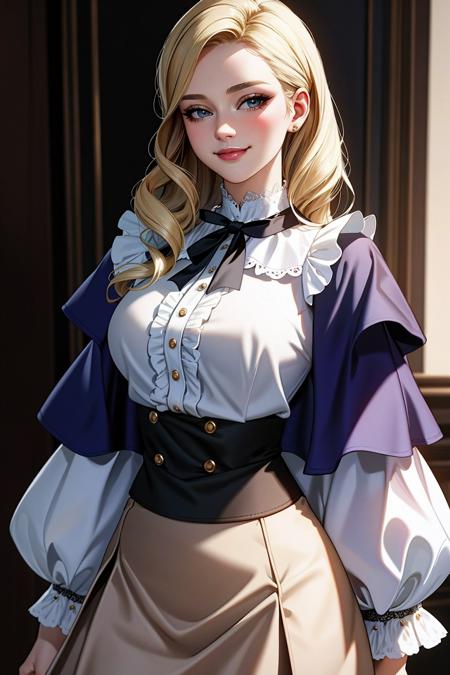 ((Masterpiece, best quality)),edgQuality,smirk,smug,beautiful blonde 
edgCT, a woman in a blouse, and a skirt,wearing edgCT,chic top,ribbon,puffy sleeves,frills,(jacket,capelet)
<lora:edgChicTops1:0.86>