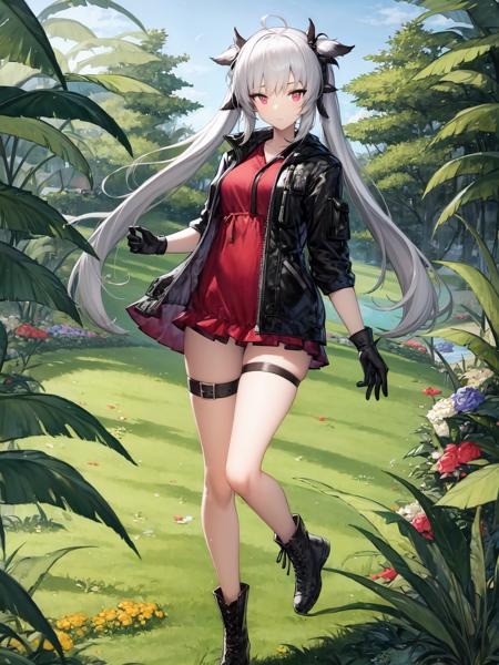 <lora:xia-000001:1>, 1girl, bare_legs, black_footwear, black_gloves, boots, closed_mouth, detached_sleeves, dress, full_body, gloves, jacket, long_hair, looking_at_viewer, low-tied_long_hair, low_twintails, red_eyes, short_dress, silver_hair, simple_background, solo, thigh_strap, thighs, twintails, very_long_hair, white_background