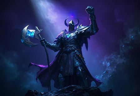 "Create a highly detailed, hyperrealistic image of a Dark Flare Knight named Grarl, inspired by Michał Karcz and the Warhammer art style. The knight should be holding a Gravity Axe, with a blue diamond embedded in it, and a shortsword at the waist. The scene should be lit with blue and purple lighting, and feature a holy light shining down. The knight should have one fist raised in triumph, standing above the black depths. Apply the principles of the golden ratio and incorporate a reincarnated as a slime theme. Render in a 3D program such as Maya or Blender, aiming for a final render that captures the essence of the prompt and could be featured on ArtStation or Behance."