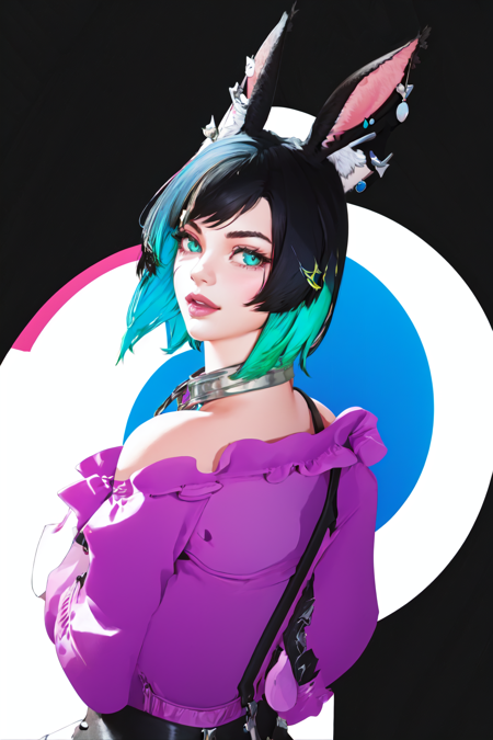 Contrast Pop Art, 1girl, solo, looking at viewer, short hair, simple background, black hair, green eyes, animal ears, jewelry, blue hair, multicolored hair, earrings, rabbit ears, collar, two-tone hair, lips, black background, portrait, gradient theme, viera<lora:Contrastv2:0.75>