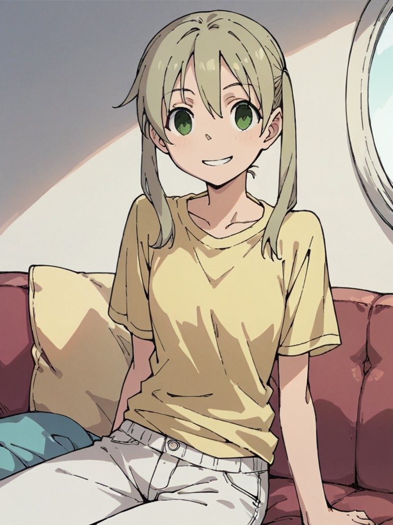 score_9, score_8_up, score_7_up, 
1girl, maka albarn, green eyes, blonde hair, twintails,


sitting, on couch, yellow t-sh...