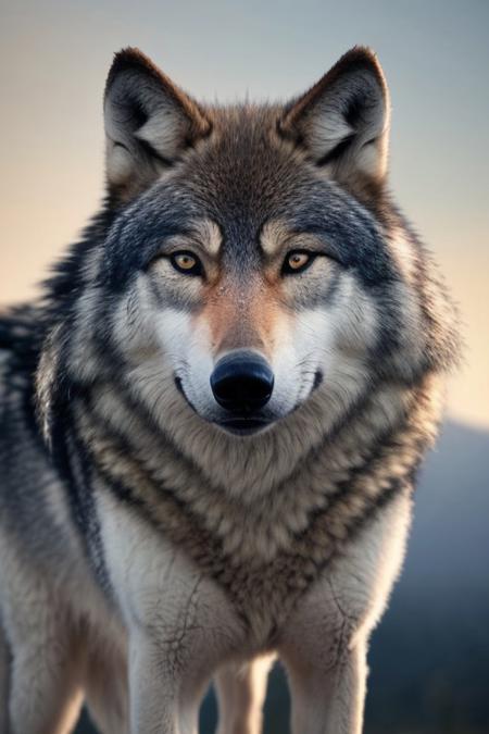 long shot scenic professional photograph of a wolf. A light pastel background with gentle curves enhances the scene. A detailed 3D rendering capturing warm lighting, soft shadows, and fuzzy texture, perfect viewpoint, highly detailed, wide-angle lens, hyper realistic, with dramatic sky, polarizing filter, natural lighting, vivid colors, everything in sharp focus, HDR, UHD, 64K