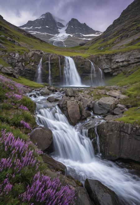 landscape featuring a cascading waterfall flowing through rugged, dark grey rocks. The water appears white and frothy as it tumbles down multiple levels, creating a dynamic and lively scene. Surrounding the waterfall, patches of green vegetation and purple heather add colour and contrast to the rocky terrain. In the background, rolling hills and tall mountain peaks are visible under a clear sky, contributing to the natural and serene atmosphere. The overall composition highlights the beauty and power of nature, with the waterfall as the central focal point. advntr