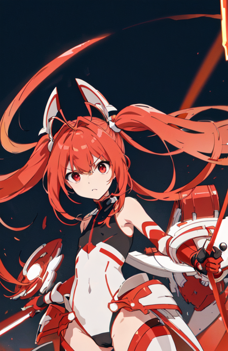 tailred,red eyes, twintails, armor,gradient hair,red hair,blonde hair,very long hair,flat chest
