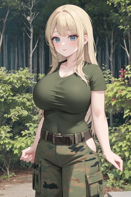 bootsnutes, <lora:bootsnutes3:0.6>, shirt tucked in, green shirt, t-shirt, camouflage pants, black belt, belt buckle, outdoors, 1girl, forest, night, large breasts, wide hips