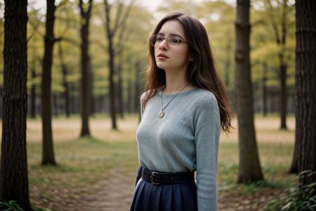 35mm film, one pretty european girl, solo, supermodel, long light brown hair, long wavy hair, pale skin, perfect face, small nose, blue eyes, big tits, nice breasts, necklace, black frame glasses, short blue lace dress with a belt, white heeled shoes, looking at viewer, looking directly at viewer, a breathtaking forest view, offering panoramic views of majestic and sweeping trees, nature light, early spring season, full body view of girl, epiCPhoto, <lora:pytorch_lora_weights:0.5>, <lora:picxer_real:0.7>, <lora:FilmVelvia3:0.3>, <lora:more_details:0.6>