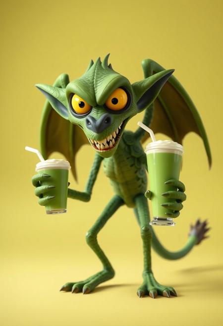 Clay Animation - a pixar style 3d animated green character called a jabberwock, angry, fierce, scary, big yellow eyes, wings, scales. long ears. long sharp teeth. at least ten feet tall with a simian like build, almost like a lemur. Its limbs are long and elongated and slender, 3 long fingers and claws. with a pointed end long tail ending, standing on two toes with a dewclaw/thumb. looking at camera over a simple background. holding a green frappucino
