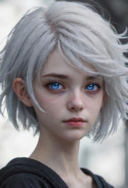 (masterpiece), 
1girl,
evil, demonic, 
dark ambiant,
white hair, blue eyes, floating hair, short hair,
upper body shot, 
HDR, highly detailed, 32k, 
(proud) mood, 
perfect face feature,
