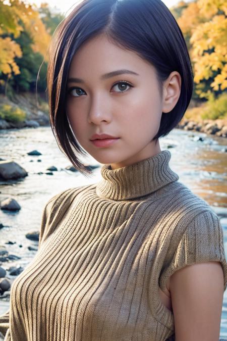 1girl,(wearing turtleneck sweater:1.2),(RAW photo, best quality), (realistic, photo-realistic:1.4), masterpiece, an extremely delicate and beautiful, extremely detailed, 2k wallpaper, Amazing, finely detail, extremely detailed CG unity 8k wallpaper, ultra-detailed, highres, soft light, beautiful detailed girl, extremely detailed eyes and face, beautiful detailed nose, beautiful detailed eyes,cinematic lighting,(autumn scenery:1.3),(by a small rocky river),(morning light),perfect anatomy,<lora:ramu_lora:0.8>,(short hair),big breasts