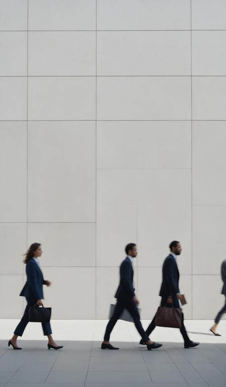 Motion blurred business people walking in front of a bright concrete wall., (sharp focus:1.2), extremely detailed, (photorealistic:1.4), (RAW image, 8k high resolution:1.2), RAW candid cinema, 16mm, color graded Portra 400 film, ultra realistic, subsurface scattering, ray tracing, (volumetric lighting), extreme contrast, intricate details, symmetry, perfect composition, parallel lines