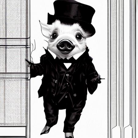 An antropomorphic pig wearing a black suit, mustache,  top hat, duotone, detailed victorian hall background, illustration, art by trInkdBer