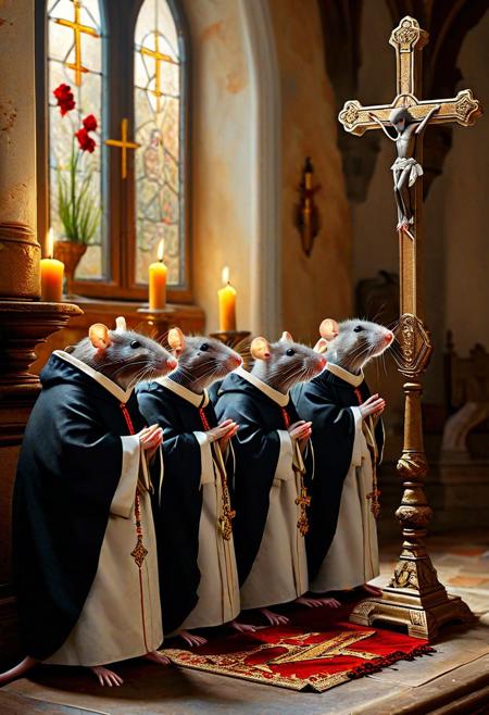 a group of rats in a convent home gather around an altar for prayer, one rat wearing a priests robe holding a cross. The rendering style is reminiscent of a classic oil painting.  <lora:add-detail-xl:1>  <lora:MJ52:0.5>