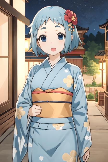 masterpiece, best quality, ultra-detailed, shiny hair, shiny skin, beautiful detailed eyes, 1girl, solo,  <lora:MiyoshiV1-09:0.8>, MiyoshiV1, hair ornament, flower, japanese clothes, hair flower, kimono, sash, obi, yukata, white kimono, 
outdoors, night, night sky, smile, blush, cowboy shot, looking at viewer, open mouth,