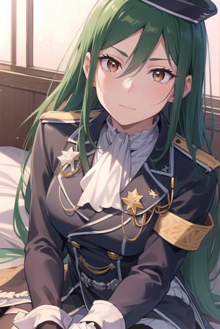 cruschkarsten, <lyco:cruschkarsten-lyco-nochekaiser:1>,
crusch karsten, long hair, hair between eyes, green hair, (brown eyes:1.4),
BREAK gloves, long sleeves, hat, jacket, boots, frills, white gloves, black footwear, uniform, military, ascot, military uniform, armband, epaulettes, white ascot,
BREAK looking at viewer, full body,
BREAK outdoors,
BREAK <lyco:GoodHands-beta2:1>, (masterpiece:1.2), best quality, high resolution, unity 8k wallpaper, (illustration:0.8), (beautiful detailed eyes:1.6), extremely detailed face, perfect lighting, extremely detailed CG, (perfect hands, perfect anatomy),