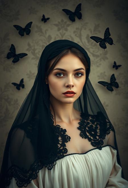 elegant woman, black veil, ivory gown, black lace, gothic romance, melancholic mood, dark butterflies, soft textured background, botanical motifs, dreamlike atmosphere, serene expression, poetic composition, introspective mood, fantasy portrait, romantic gothic style, surreal conceptual photography, cinematic storytelling, highly staged dreamlike compositions, crisp painterly precision, imaginative and unexpected elements, vintage-inspired aesthetics, retro-futuristic color palette, soft pastels with deep contrasts, mid-century modern influences, whimsical yet sophisticated atmosphere