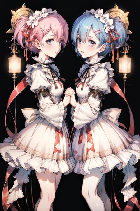 ram (re:zero), multiple girls, 2girls, sisters, roswaal mansion maid uniform, twins, siblings, pink hair, rem (re:zero), (short hair:1.4), blue hair, blue eyes, maid, ribbon, detached sleeves, red eyes, hair ornament, hair over one eye, smile, looking at viewer, holding hands, apron, x hair ornament, hair ribbon, interlocked fingers, black ribbon, frills, maid headdress, white apron, blurry background, blurry, neck ribbon, ribbon trim, bangs, breasts, blush, purple ribbon, small breasts, long sleeves, parted lips, waist apron, shiny hair, pink ribbon, dress, wide sleeves, standing, frilled sleeves, shiny, ribbon-trimmed sleeves,<lora:1111111111:1>