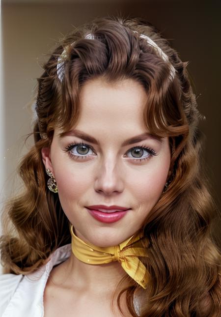 a headshot photo of DianeWebber wearing high collar white shirt, red necktie, yellow vest, red skirt,, solo, ginger hair, 1950s hair style, looking at viewer, earrings, makeup, smile, realistic, [highly-detailed], [ultra-detailed], [hyperdetailed], ultra-realistic, photorealistic, <lora:DianeWebber-14:1>,