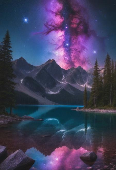 A tranquil mountain landscape at night, with a crystal-clear lake reflecting the towering peaks and a vibrant nebula glowing in the sky above. The nebula swirls in rich colors of purple, blue, and pink, casting a soft, otherworldly light over the entire scene. The mountains are dark silhouettes against the starry sky, their jagged peaks framing the majestic nebula. The still surface of the lake mirrors both the mountains and the glowing nebula, creating a perfect reflection that enhances the ethereal atmosphere. Gentle mist rises from the water, while distant pine trees line the shore, illuminated faintly by the cosmic light. The scene is peaceful, surreal, and filled with cosmic wonder.