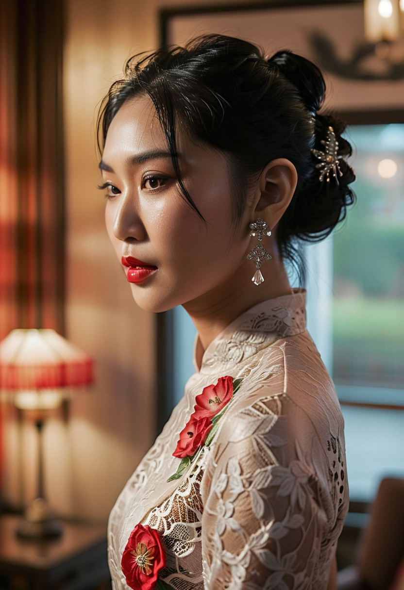 This is a photograph of an Asian woman with long black hair pulled back into a low bun. She is wearing a form fitting lace cheongsam. Her ears have intricate dangling diamond earrings. Light smoky makeup with red lipstick adorns her face.  She is standing in her living room in the late evening posing for the viewer.  casting shadow style, extremely intricate details, masterpiece, epic, clear shadows and highlights, realistic, intense, enhanced contrast, highly detailed skin