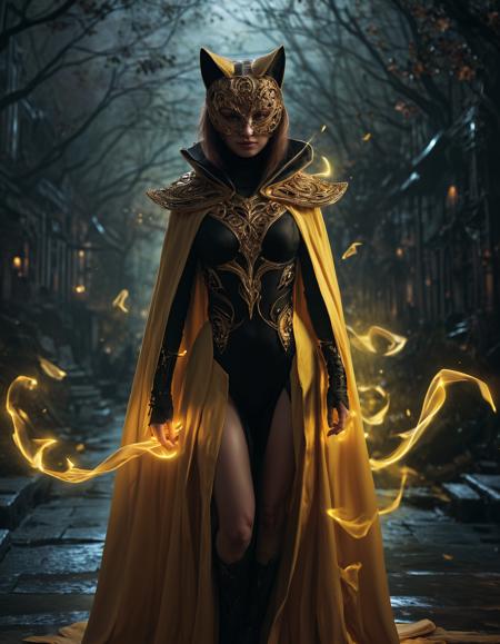 Fairy tale a computer generated image of a yellow and orange object with a black background and a yellow and orange design,a computer rendering,league of legends splash art,<lora:Abstract Concept-glowing:0.4>,concept art,glowing,,concept art,glowing,Benoit B. Mandelbrot,, a woman in a black cat costume with a gold mask on her head and a black cape on her head,<lora:CB-Fantasy-000008:1>, Charlie Bowater, trending on art station, architecture, . Magical, fantastical, enchanting, storybook style, highly detailed