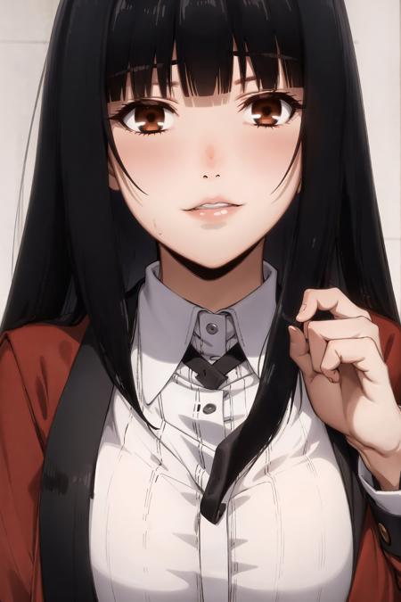 jabami yumeko, 1girl, bangs, black hair, blunt bangs, brown eyes, eyebrows visible through hair, long hair, looking at viewer, parted lips, shirt, simple background, solo, white shirt <lora:yumekov1:0.6>