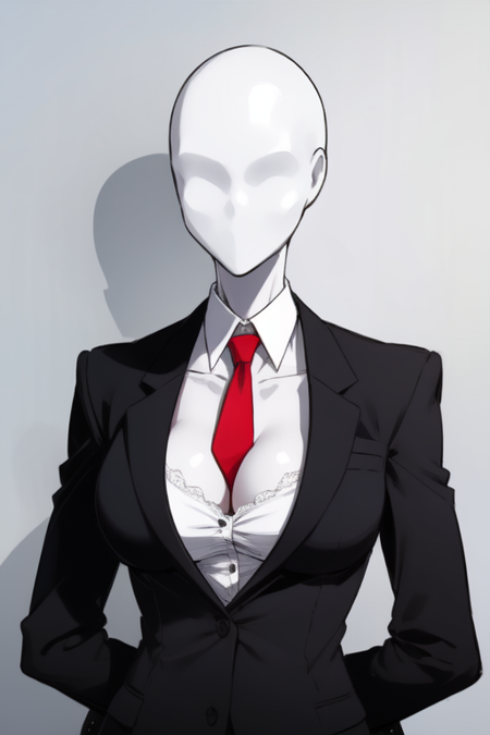 SlenderGirl, 1girl, black suit, red tie, no face, bald, cleavage