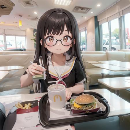 best quality, ultra-detailed, illustration,
makudo, indoors, scenery, poster (object), chair, ceiling light, window, ceiling, table, blinds, 
food, food focus, cup, burger, french fries, disposable cup, still life, cheese, drinking straw, bread, drink, tray, table, chair,
1girl, glasses, black hair, long hair, brown eyes, school uniform, school bag, blush, looking at viewer, sitting,
<lora:McDonald_JP_indoors_SD15_V2:1>