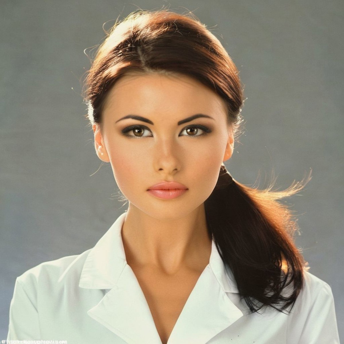 a close portrait photo of  22-year-old veronika zemanova zeman0va woman wearing a doctor's labcoat, studio lighting, <lora...