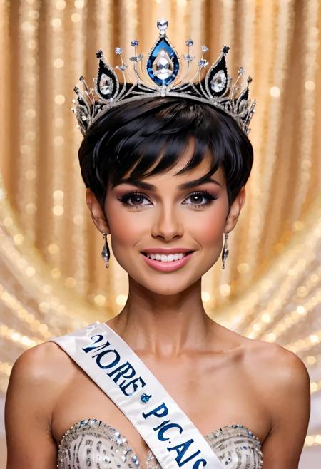 Professional studio photo, extreme face closeup, eveGilles woman emotionally shocked and happy:2.5 to win the beauty pageant. Tiara, princess fancy gown. Short black messed pixie hair. Big smile.