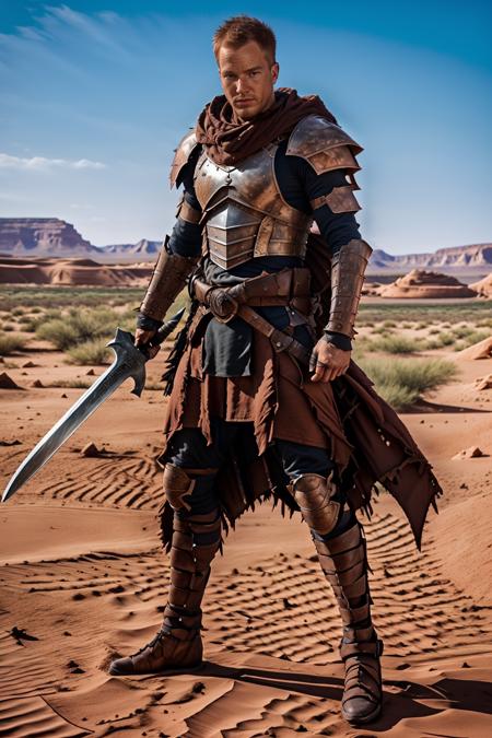 red sand desert, sandstone mesa in the background, BluKennedy, des3rt4rmor, desertpunk knight armor, intricate details, holding sword, masterpiece, ((full body portrait))   <lora:BluKennedy-000008:0.8>  <lora:Clothing - DesertPunk Armor:0.75>