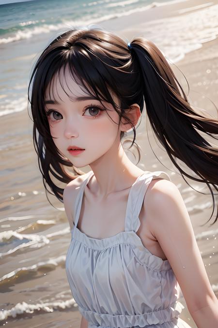 (bright sunshine, extremely detailed face:1.3), 1girl walking on beach, sea, wind, cloud, (wet, white_sundress, sleeveless), (best quality, masterpiece, 16k, raw photo, ultra high res:1.2), sharp focus, blurry background, close up