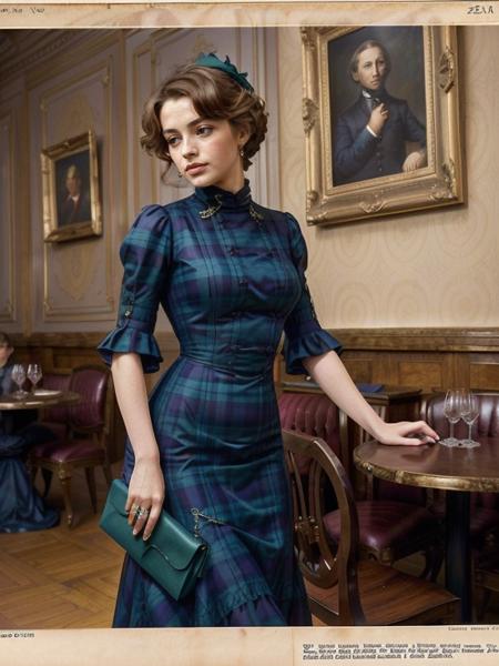 masterpiece, uhd, sharp color  photo of a pretty lady wearing a  green blue-green-plaid dress, with a hit on, at a Parisian cafe  <lora:1905_dress_v1:0.6> 1905_dr3ss
 <lora:bgp_v1:0.7>