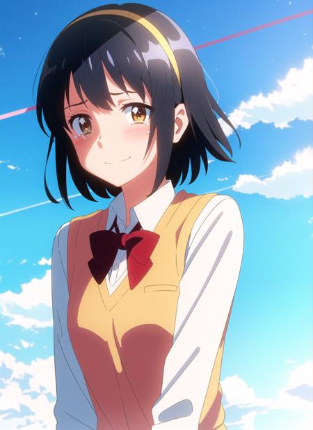 shinkai makoto, kimi no na wa.,  1girl, bangs, black hair, blue sky, blush, bow, bowtie, brown eyes, cloud, collared shirt, copyright name, crying, crying with eyes open, hair ribbon, hairband, looking at viewer, negative space, outdoors, red bow, red bowtie, red hairband, red ribbon, ribbon, sad smile, school uniform, shirt, short hair, sky, smile, solo, star (sky), starry sky, sweater vest, tears, upper body, vest, white shirt, yellow sweater vest, yellow vest  <lora:shinkai_makoto_offset:1>