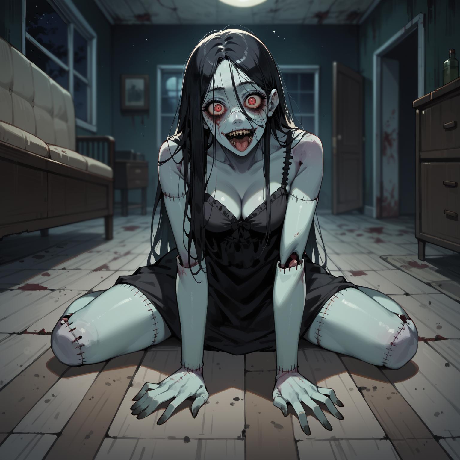 score_9,score_8_up,score_7_up,score_6_up, 1girl, zombie doll girl, (stitches), (zombie skin), on livingroom floor, creepy, night, horror, scary, long hair,