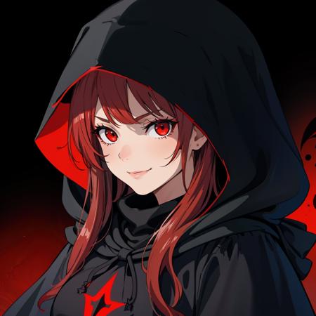 ((Masterpiece, best quality)),edgQuality,smirk,smug, hair inside the hood
edgCultist, 1girl, solo, long hair, looking at viewer, red eyes, red hair, hood, glowing, black background, portrait, glowing eyes, cloak, dark, hooded cloak ,wearing edgCultist_hood,ominous,dark 
 <lora:edgCultistHood:1>