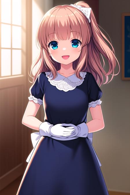 (masterpiece, best quality), highly detailed background, perfect lightingbest quality, yuukinae, solo, indoors, brown hair, high ponytail, wavy hair, long hair, blue eyes, black dress, white gloves, (arms behind back, hands on hips), frills, smile, open mouth, :d, pink lips, <lora:Yuuki-Nae:0.7>