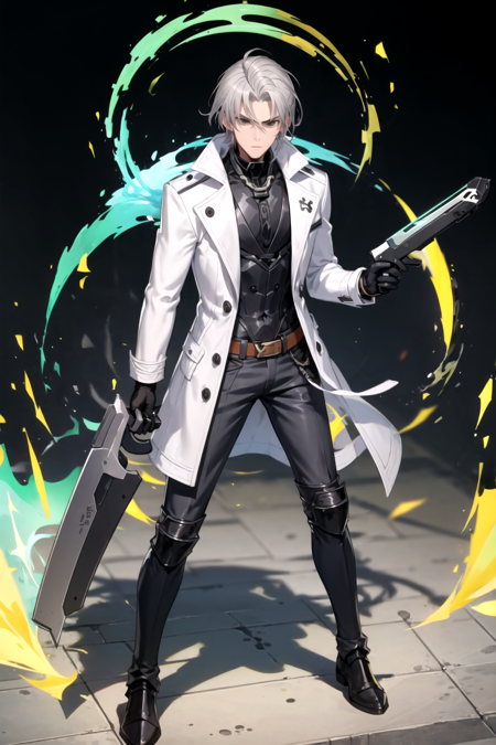 <lora:ZekeTOF-09:0.7> ,zeketof, looking at viewer,  gloves, holding, standing, full body, weapon, grey hair, black gloves, pants, sword, black footwear, holding weapon, armor, coat, gun, holding sword, holding gun, over shoulder, weapon over shoulder, goggles around neck, gunblade, white jacket