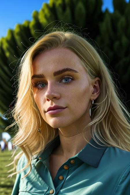 woman in a stunning button up blouse, <lora:ev4vl44r:1>, (at a grassy park in france), perfect day, RAW, 8K, UHD, cinematic lighting, highly detailed face, curly blonde hair, close up, , upper body, candid, amateur