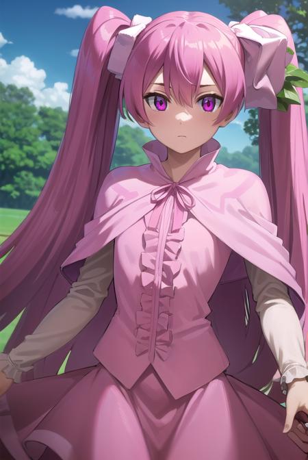 agkmine, <lora:agk mine s1-lora-nochekaiser:1>,
mine, long hair, twintails, pink hair, (pink eyes:1.3),
BREAK dress, pantyhose, pink dress, capelet, pink capelet, pink skirt, skirt, long sleeves,
BREAK outdoors, nature, forest, trees, grass, sky, clouds,
BREAK looking at viewer, (cowboy shot:1.5),
BREAK <lyco:GoodHands-beta2:1>, (masterpiece:1.2), best quality, high resolution, unity 8k wallpaper, (illustration:0.8), (beautiful detailed eyes:1.6), extremely detailed face, perfect lighting, extremely detailed CG, (perfect hands, perfect anatomy),