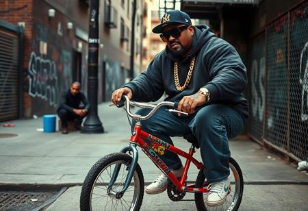 “Create a highly detailed, realistic photographic image captured with an aspherical Panavision 105mm lens effect. The scene features a big, heavyset rapper with a bold hip-hop style, inspired by Snoop Dogg and 50 Cent, riding a small, colorful young boy’s bicycle. The rapper wears large gold chains with diamond accents, oversized sunglasses, and a fitted cap turned slightly to the side. His outfit includes a baggy hoodie, jeans, and classic sneakers, with visible tattoos on his forearms. His expression is cool and confident, capturing classic hip-hop swagger. Nearby, a man sits on the sidewalk, casually smoking crack, adding to the gritty atmosphere of the scene. In the background, set in the Bronx, is a gritty urban environment with graffiti-covered walls and a hint of street activity, including someone discreetly smuggling a small, suspicious package. The scene combines realism with a dramatic urban vibe, highlighting hip-hop culture and the street’s raw atmosphere.”