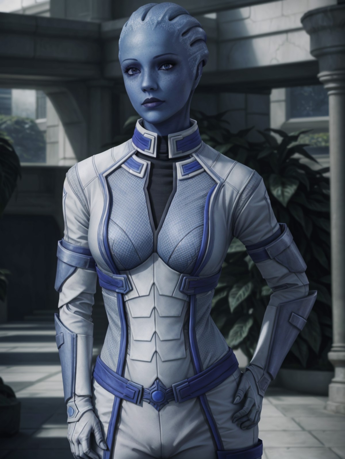 masseffectliara posing holding her hip with her hands in a atrium with plants in the background, blue skinned woman, cute ...