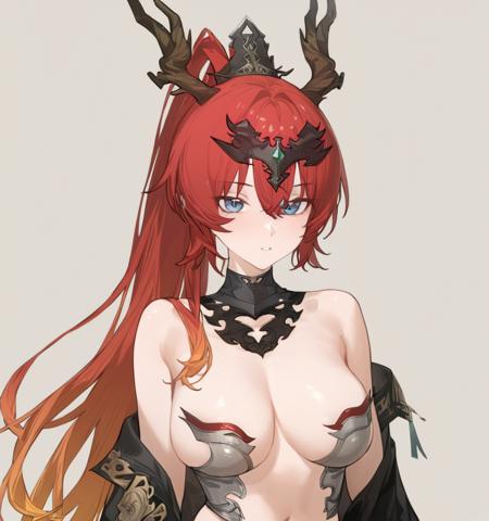 jiyan,Dragon horns,blue eyes,red hair,orange hair,very long hair, ponytail, gradient hair bikini armor Trident Bundled Hair Purple Gold Crown