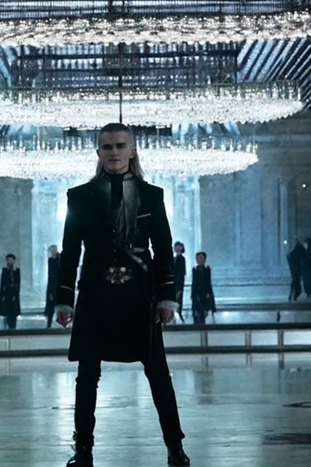 A photo of  orlandobloom ((wearing black tuxedo)), in a grand ballroom with chandeliers, dynamic pose, rim lighting, dramatic lighting, bokeh, actionhelper, aslanscifi-v1