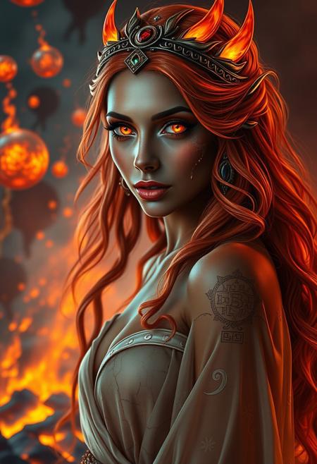 A stunningly beautiful ifrit woman with a scorching-hot appearance: flawless facial features, sharp fangs peeking from her lips, and piercing fiery eyes glowing like embers. Her warm copper or chocolate-toned skin has a subtle shimmer, as if lava flows beneath. Long, flowing hair resembling flickering flames, with shades of red, orange, and gold. She wears an elegant circlet or diadem with gemstones, and her figure is graceful yet powerful, dressed in light, semi-transparent garments woven from magic and fire, adorned with volcanic crack-like patterns. Background: a blazing volcano or a mystical hall with floating fire orbs and ancient runes. Style: high fantasy art, highly detailed, dramatic lighting, with an otherworldly and enchanting atmosphere