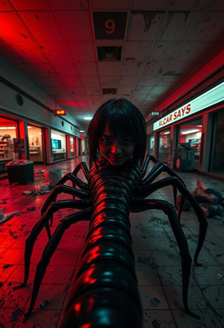 score_9, score_8_up, score_8_up, 8k, photorealistic, creepy, dim red lighting, disturbing, unsettling, dead mall, peeling paint, garbage scattered around, atmospheric, oil seeping out of floor tiles and walls, abandoned stores in distance, being chased a large black millipede, very long fingers for legs, the head of millipede is a asian girl with matted hair and skin covered in jet black oil, smiling at camera, pov, first person, long lens