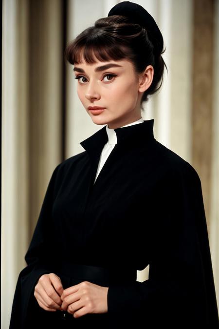 upper body <lora:AudreyHepburn_v1-000014:.9> AudreyHepburn, focus on face, wearing a cassock , her dark brown hair is styled as sleek ponytail,