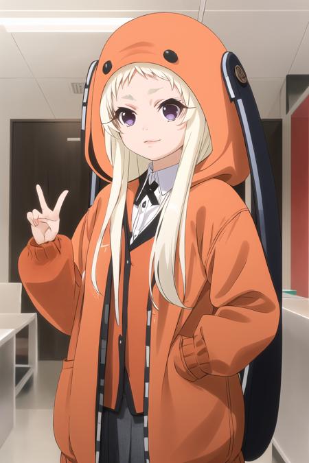 masterpiece, best quality, ultra-detailed,  yomozuki runa, blonde hair, purple eyes, long hair,  kigurumi, black animal ears, red school uniform,