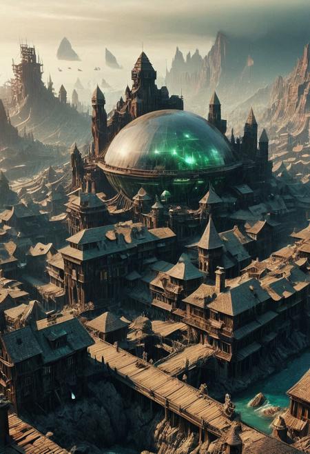Visualize a futuristic city with flying saucers, geometry and digital artwork by Beksinski, symbolizing online community in the style of incorporate elements dark landscape details, photo taken on hasselblad,   is filled with details: rough-hewn wooden beams, that evoke a sense of magic, building with a large spaceship complex, elegant, expansive, fantastical, film photography style, heavy grain, emeraldmorph