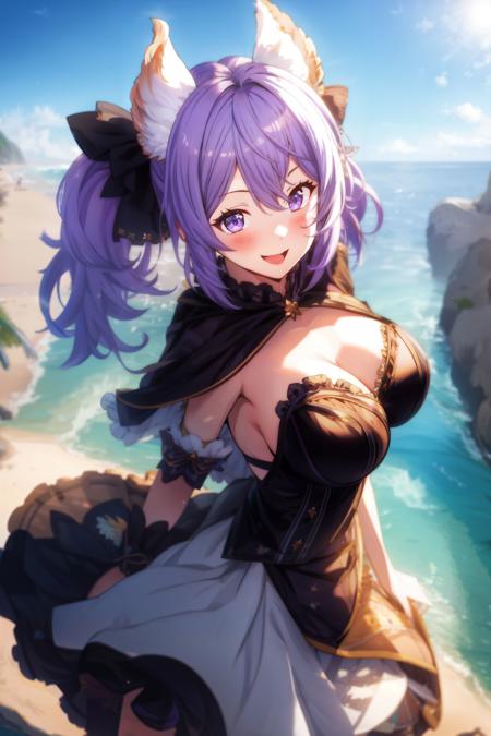 1girl, beach, blue sky, blurry, blush, breasts, cleavage, cloud, day, detached sleeves, dress, satyr \(granblue fantasy\), large breasts, looking at viewer, open mouth, outdoors, purple eyes, purple hair, sky, smile, solo, twintails,   friendly, energetic, joyful, outgoing, optimistic, adventurous, <lora:Satyr-10:1>,